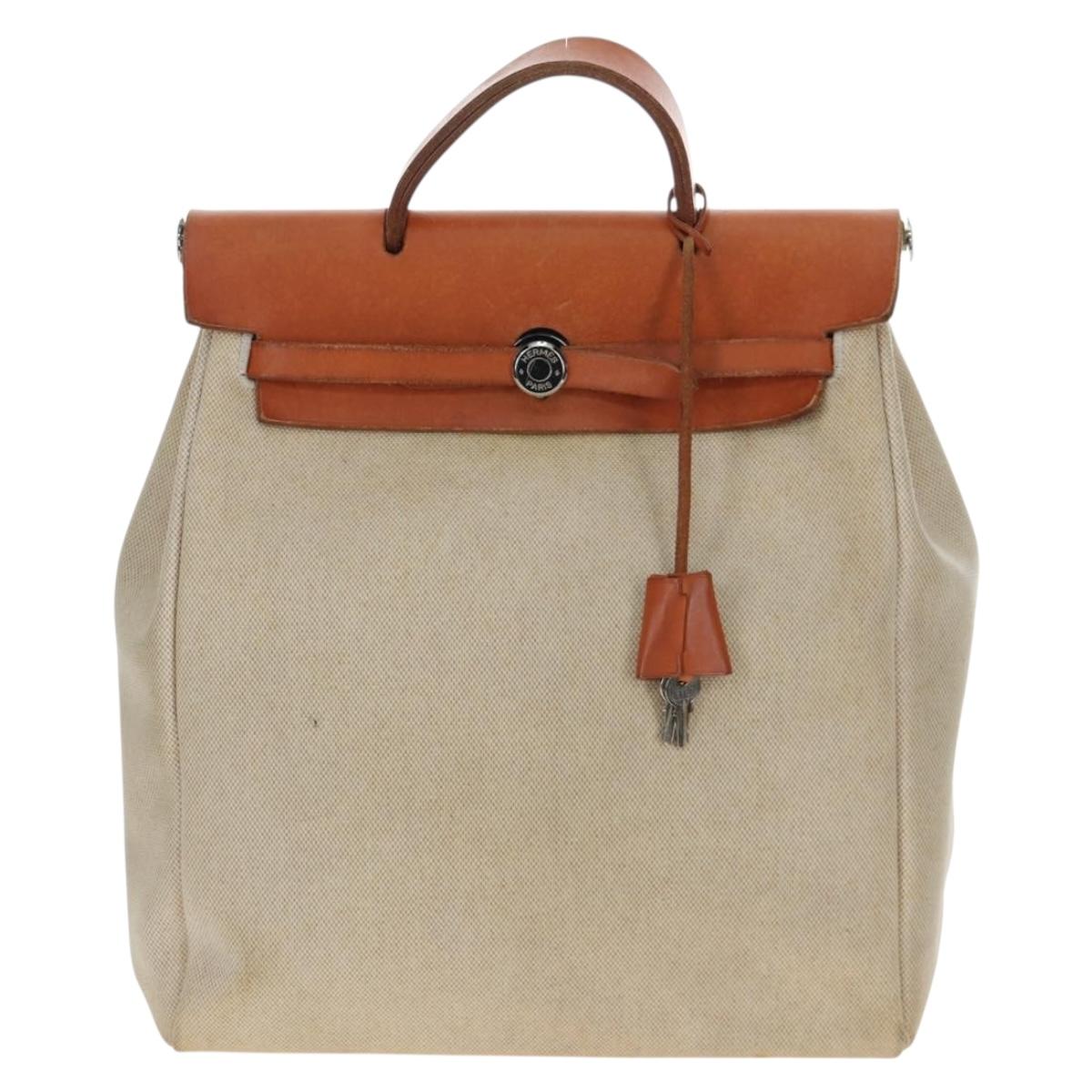 HERMES Herbag A Dos Backpack Canvas 2way Beige Silver Auth 189543