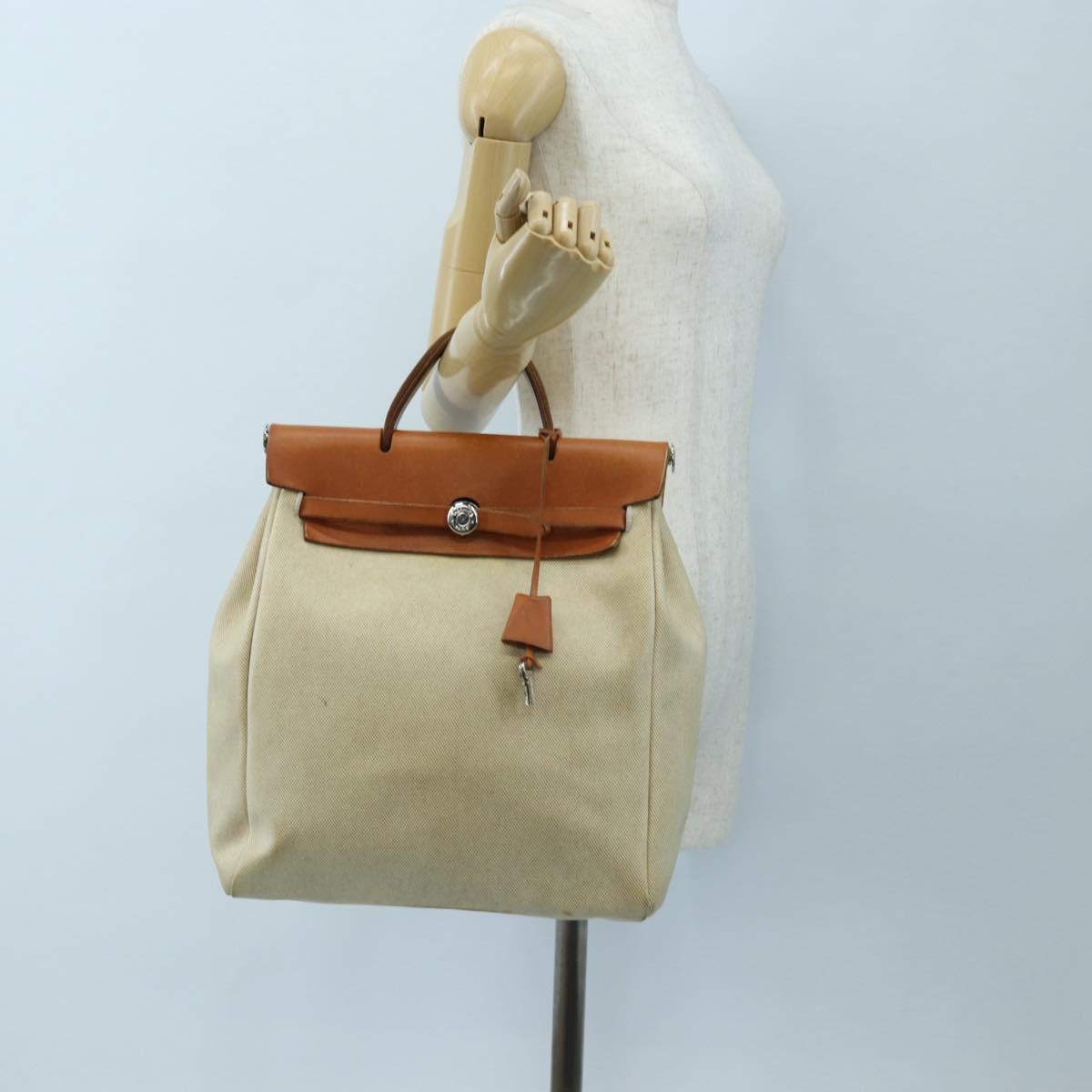 HERMES Herbag A Dos Backpack Canvas 2way Beige Silver Auth 189543