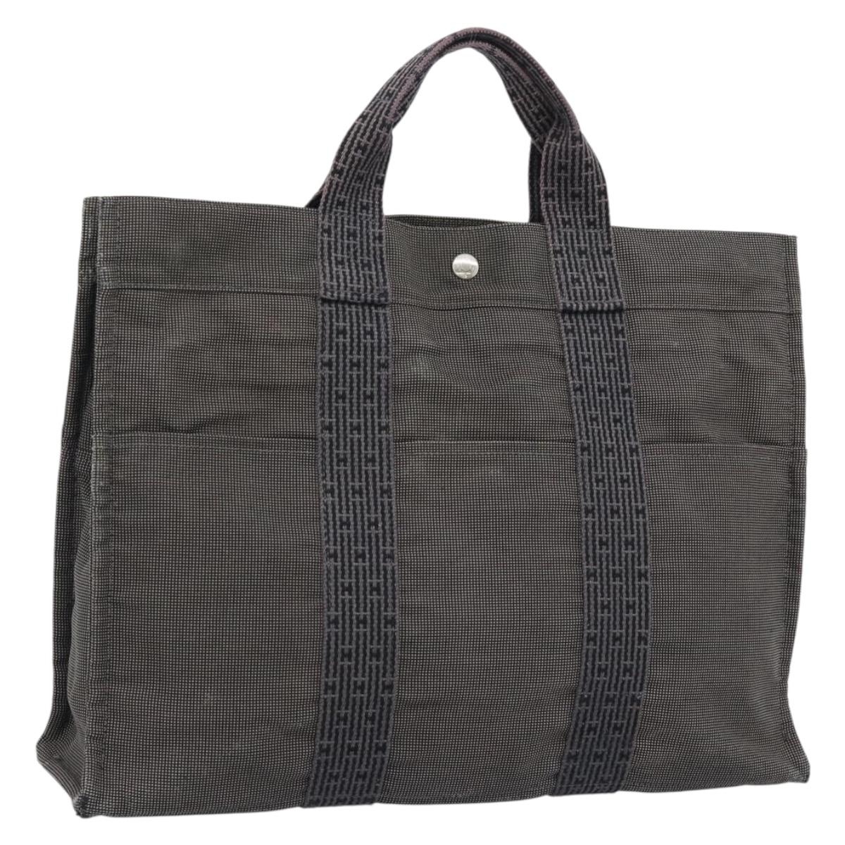 HERMES Her Line MM Hand Bag Canvas Gray Silver Auth 189544