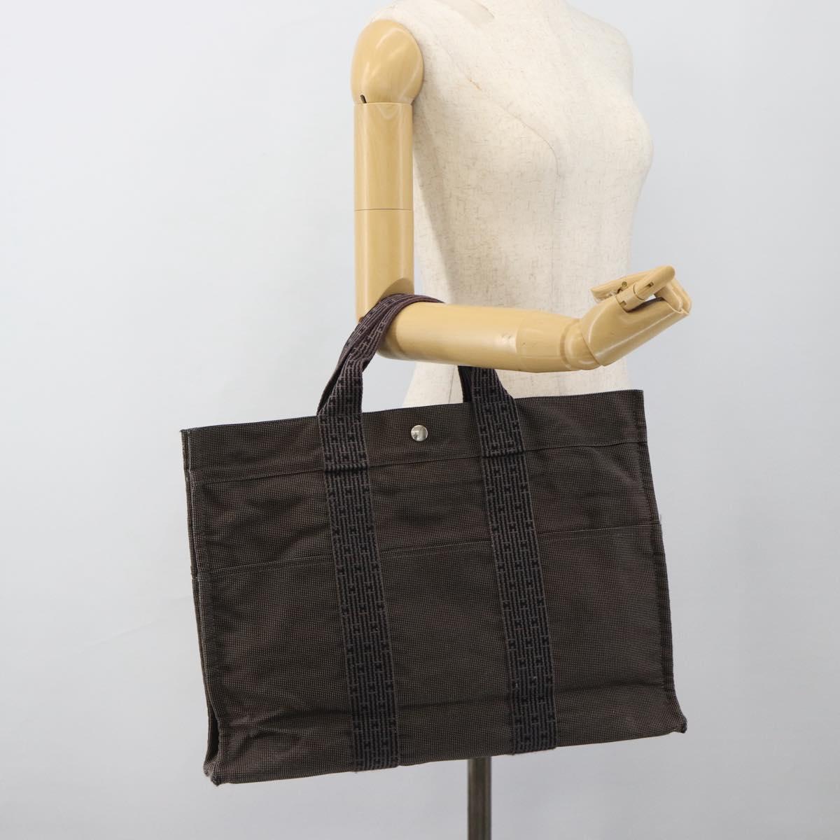 HERMES Her Line MM Hand Bag Canvas Gray Silver Auth 189544