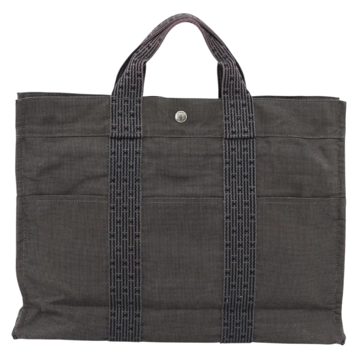 HERMES Her Line MM Hand Bag Canvas Gray Silver Auth 189544