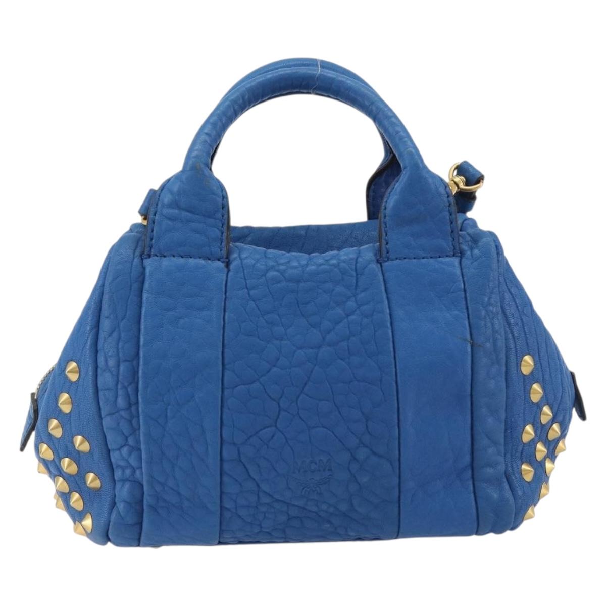 MCM Hand Bag Leather 2way Blue Gold Auth 189551A