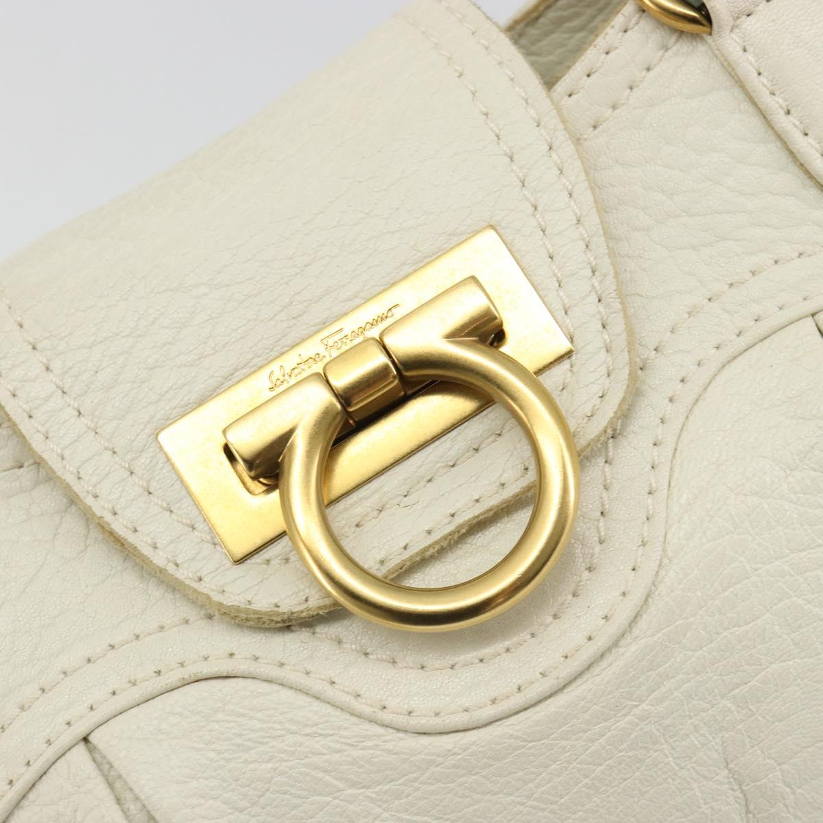 Salvatore Ferragamo Gancini Hand Bag Leather White Champagne Gold Auth 189556