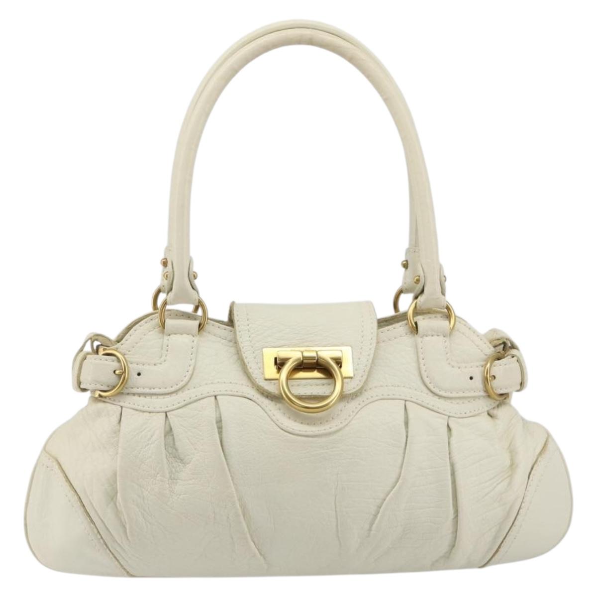 Salvatore Ferragamo Gancini Hand Bag Leather White Champagne Gold Auth 189556