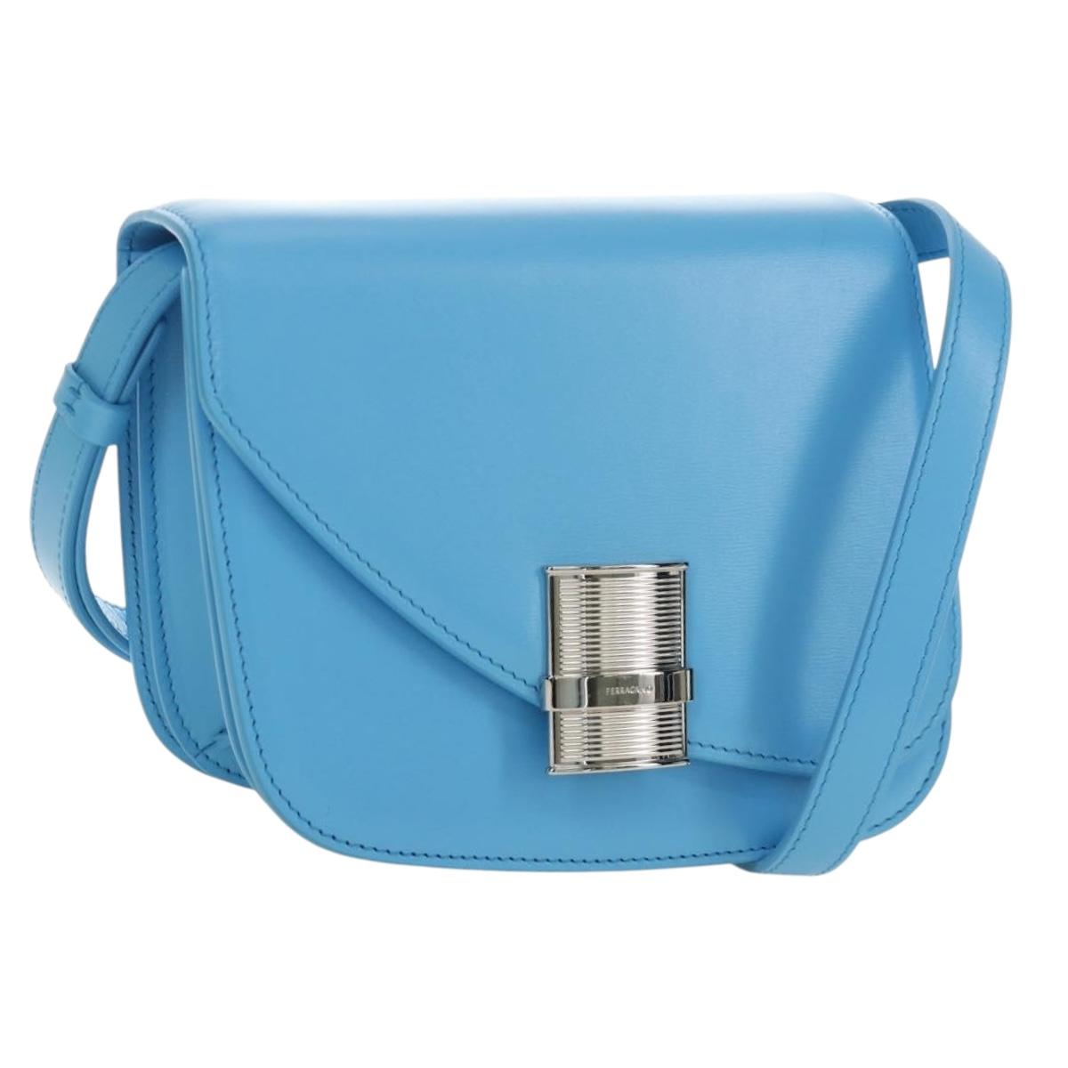 Salvatore Ferragamo Fiamma Shoulder Bag Leather Light Blue Silver Auth 189557M
