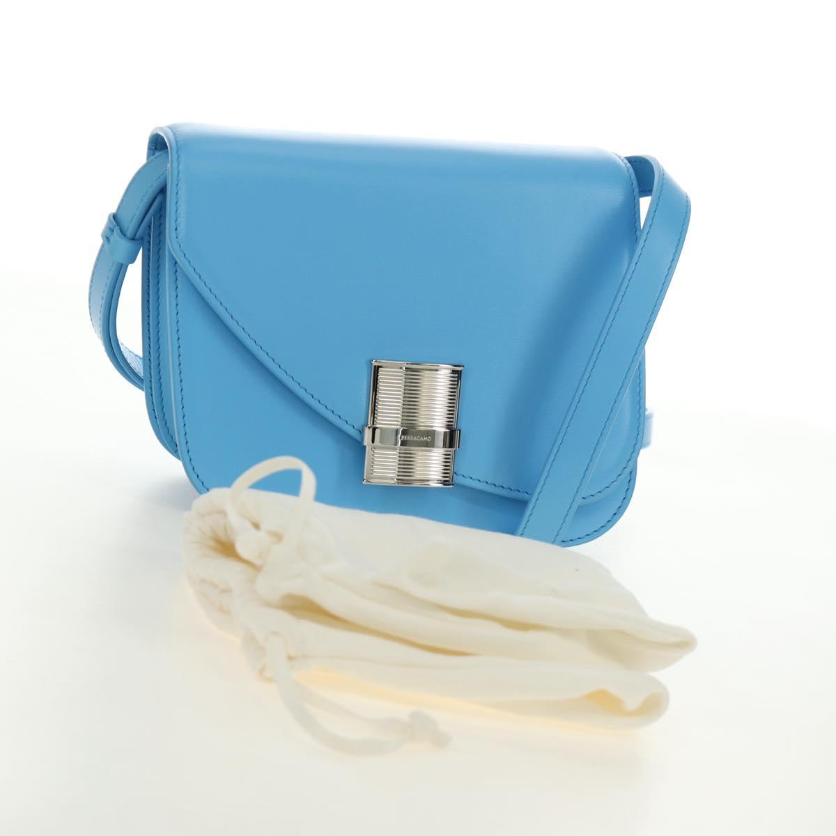 Salvatore Ferragamo Fiamma Shoulder Bag Leather Light Blue Silver Auth 189557M