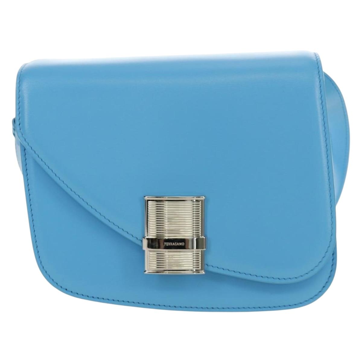 Salvatore Ferragamo Fiamma Shoulder Bag Leather Light Blue Silver Auth 189557M