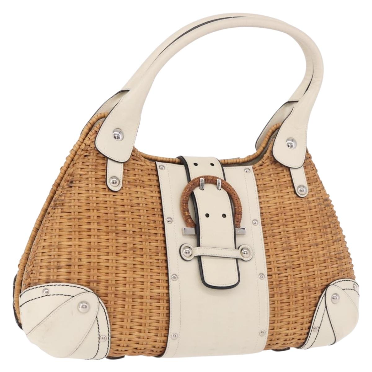 Salvatore Ferragamo Gancini Hand Bag Rattan Beige Silver Auth 189559A