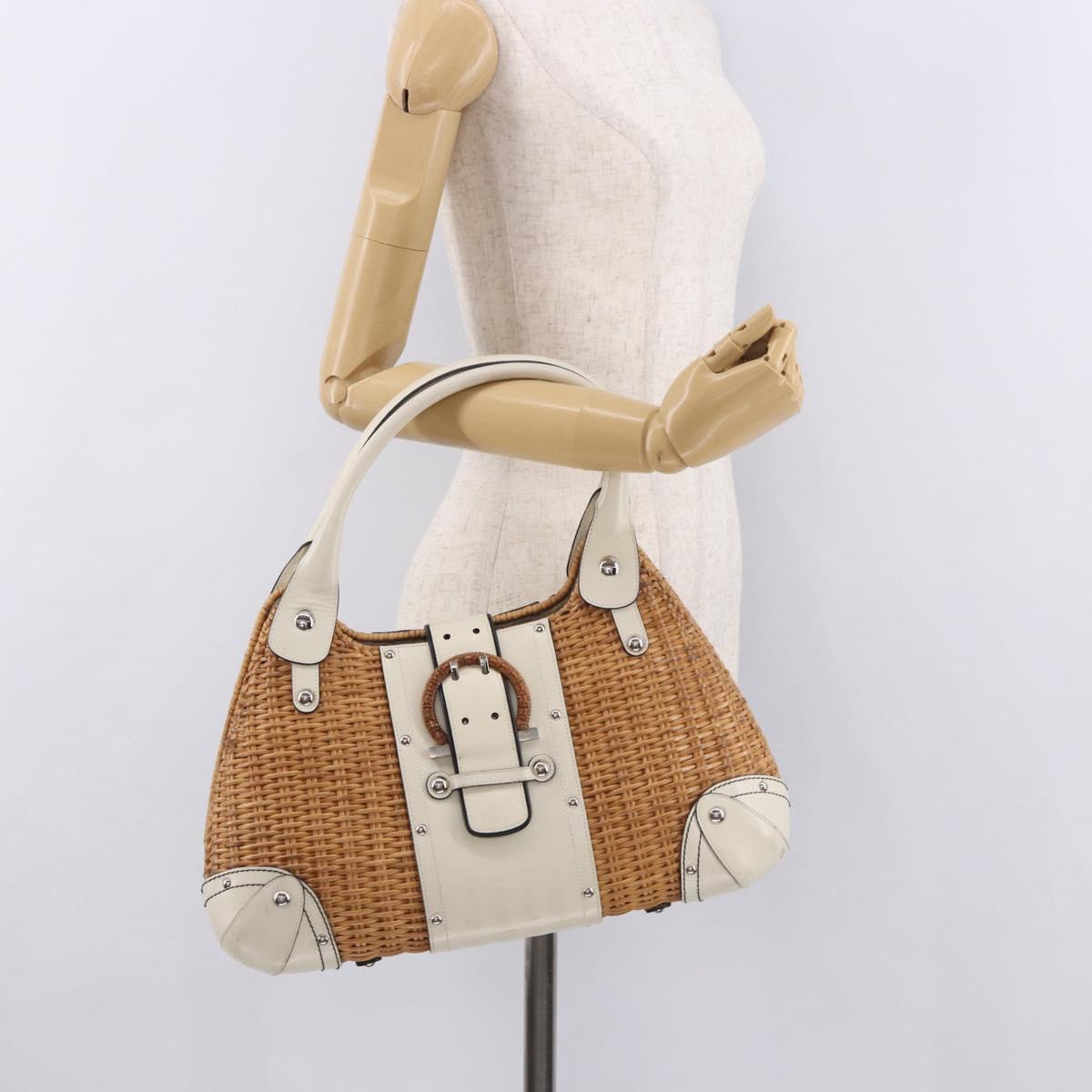 Salvatore Ferragamo Gancini Hand Bag Rattan Beige Silver Auth 189559A