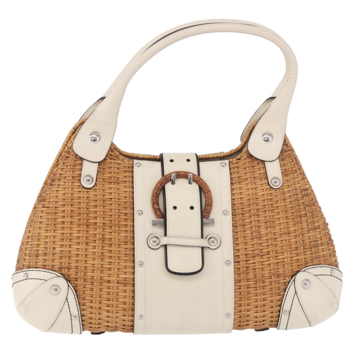Salvatore Ferragamo Gancini Hand Bag Rattan Beige Silver Auth 189559A