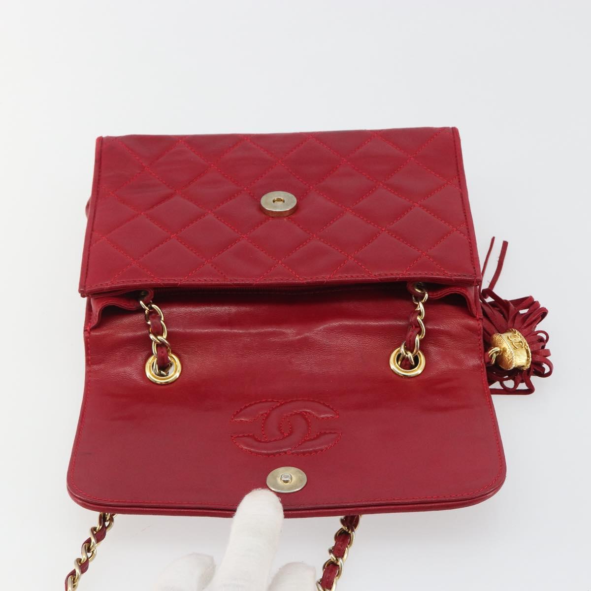 CHANEL Matelasse Chain Shoulder Bag Lamb Skin Red Gold CC Auth 189561