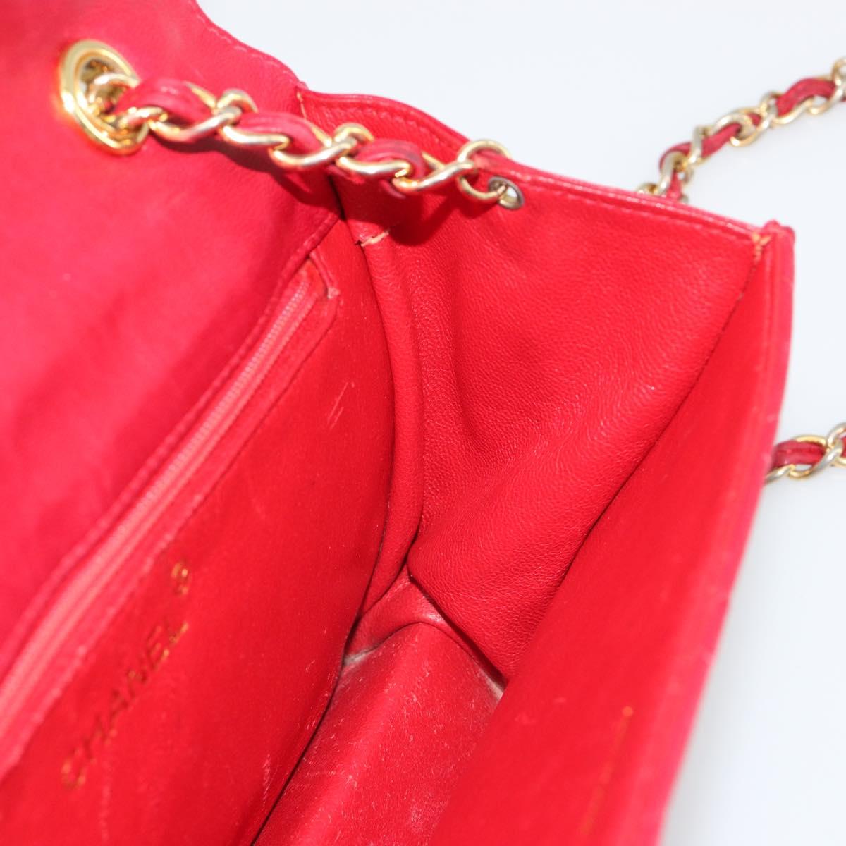 CHANEL Matelasse Chain Shoulder Bag Lamb Skin Red Gold CC Auth 189561