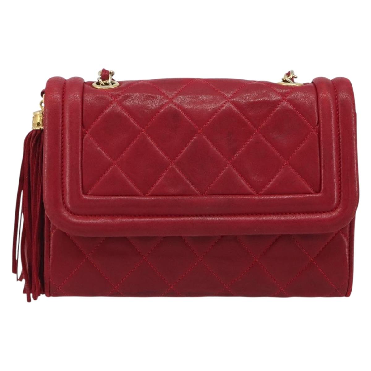 CHANEL Matelasse Chain Shoulder Bag Lamb Skin Red Gold CC Auth 189561