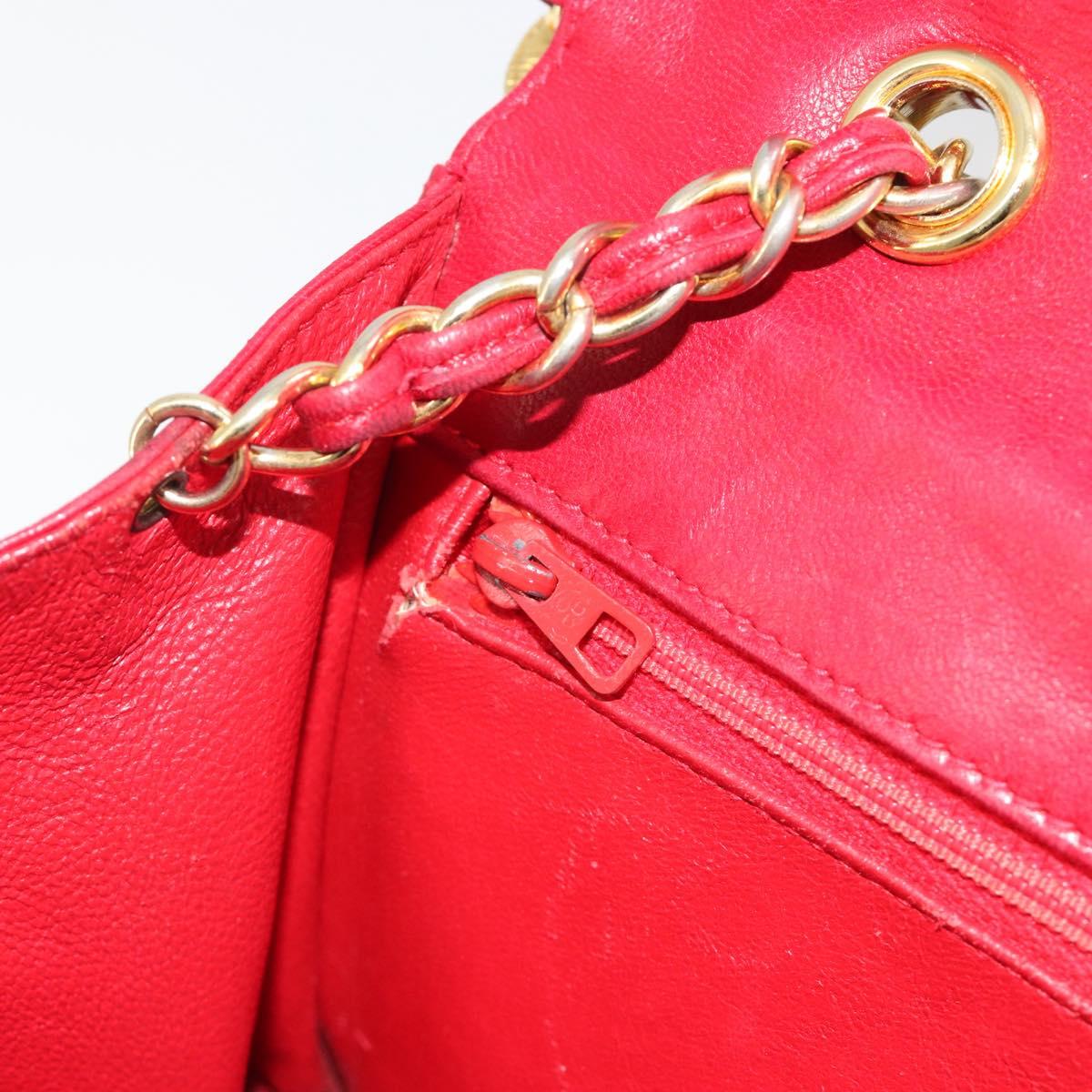 CHANEL Matelasse Chain Shoulder Bag Lamb Skin Red Gold CC Auth 189561