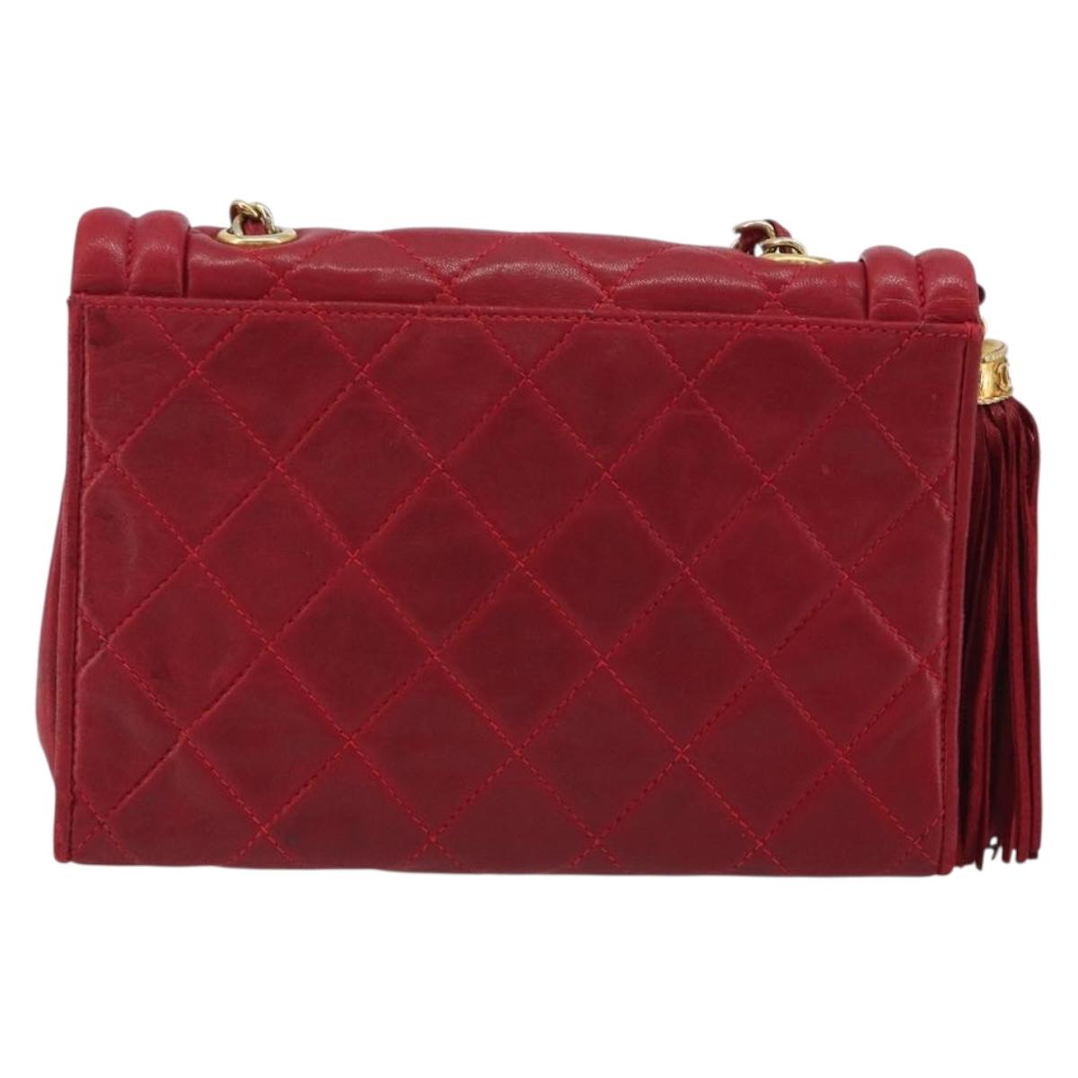 CHANEL Matelasse Chain Shoulder Bag Lamb Skin Red Gold CC Auth 189561