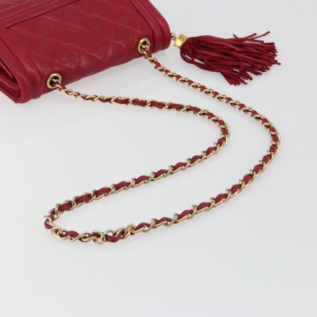 CHANEL Matelasse Chain Shoulder Bag Lamb Skin Red Gold CC Auth 189561