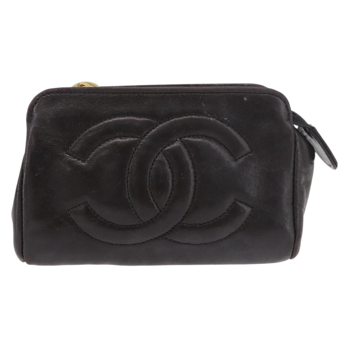 CHANEL COCO Mark Pouch Leather Black Gold CC Auth 189572