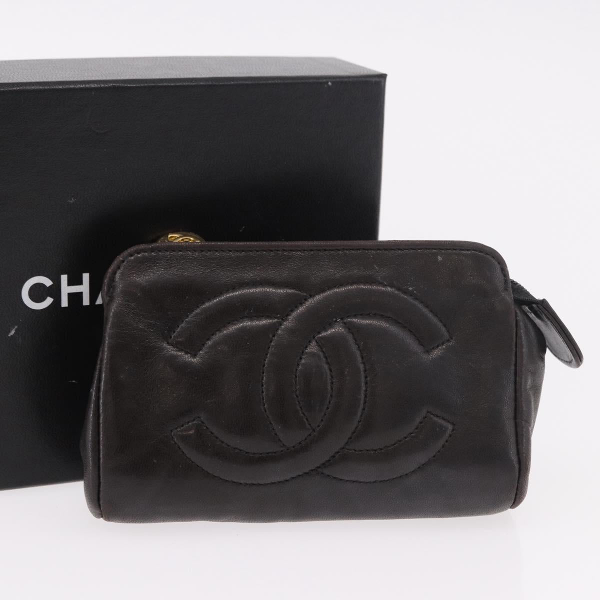 CHANEL COCO Mark Pouch Leather Black Gold CC Auth 189572