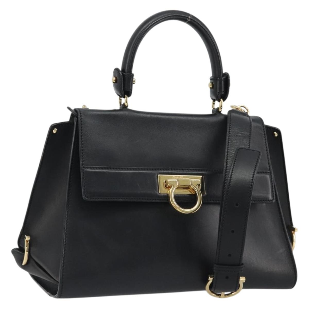 Salvatore Ferragamo Sofia Gancini Hand Bag Leather 2way Black Gold Auth 189582