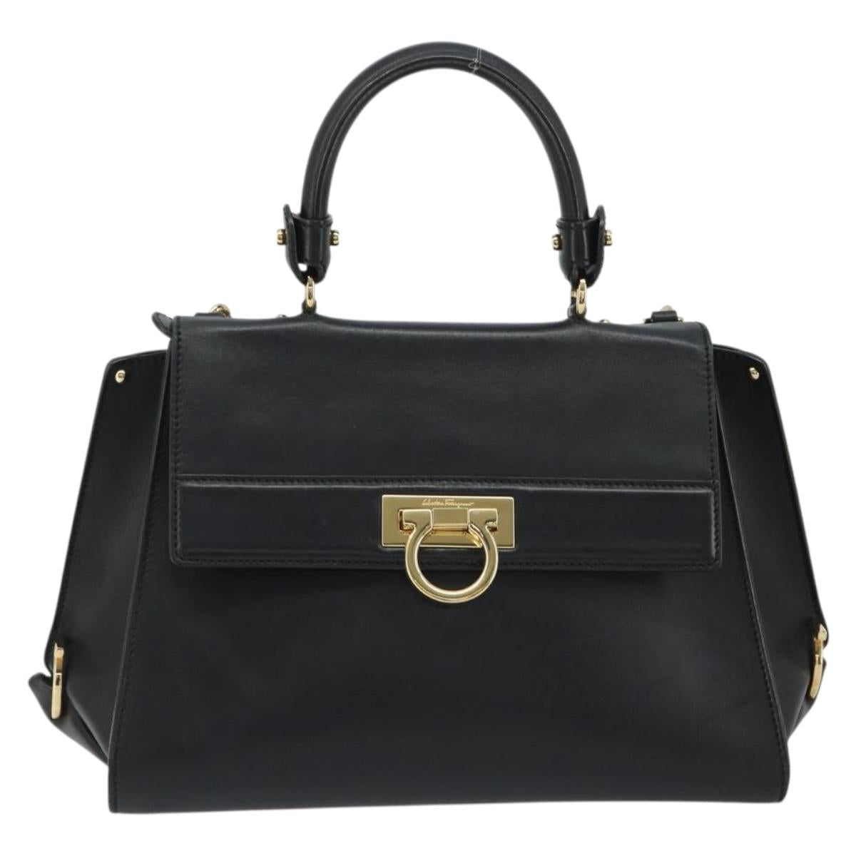 Salvatore Ferragamo Sofia Gancini Hand Bag Leather 2way Black Gold Auth 189582