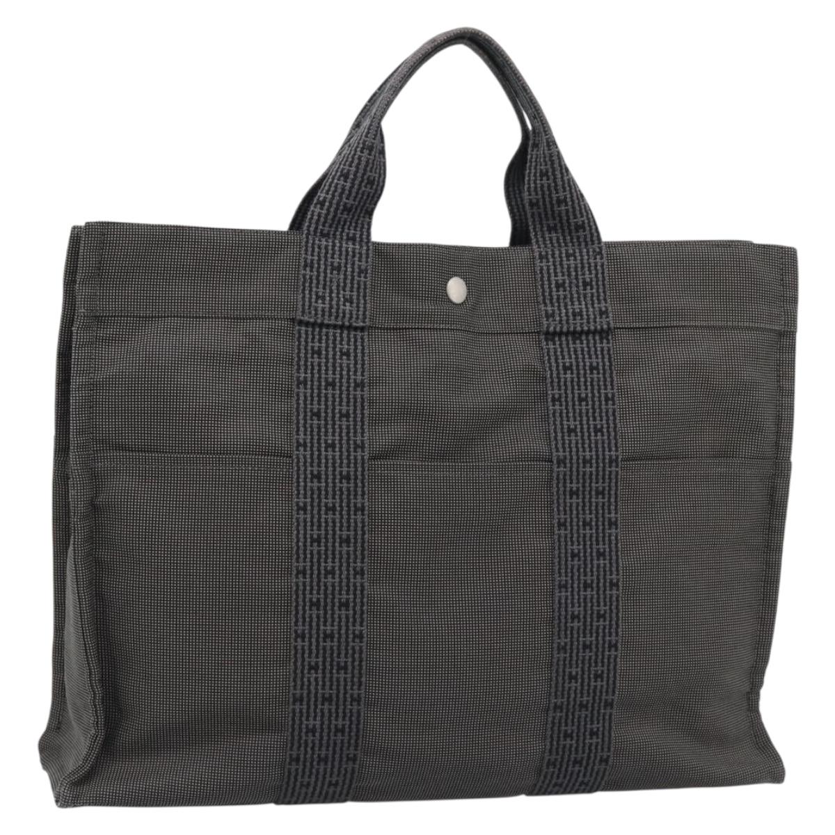 HERMES Her Line MM Hand Bag Canvas Gray Silver Auth 189583