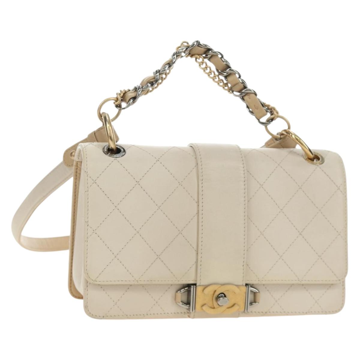 CHANEL Matelasse Shoulder Bag Leather 2way Ivory Gold Silver CC Auth 189588SAV