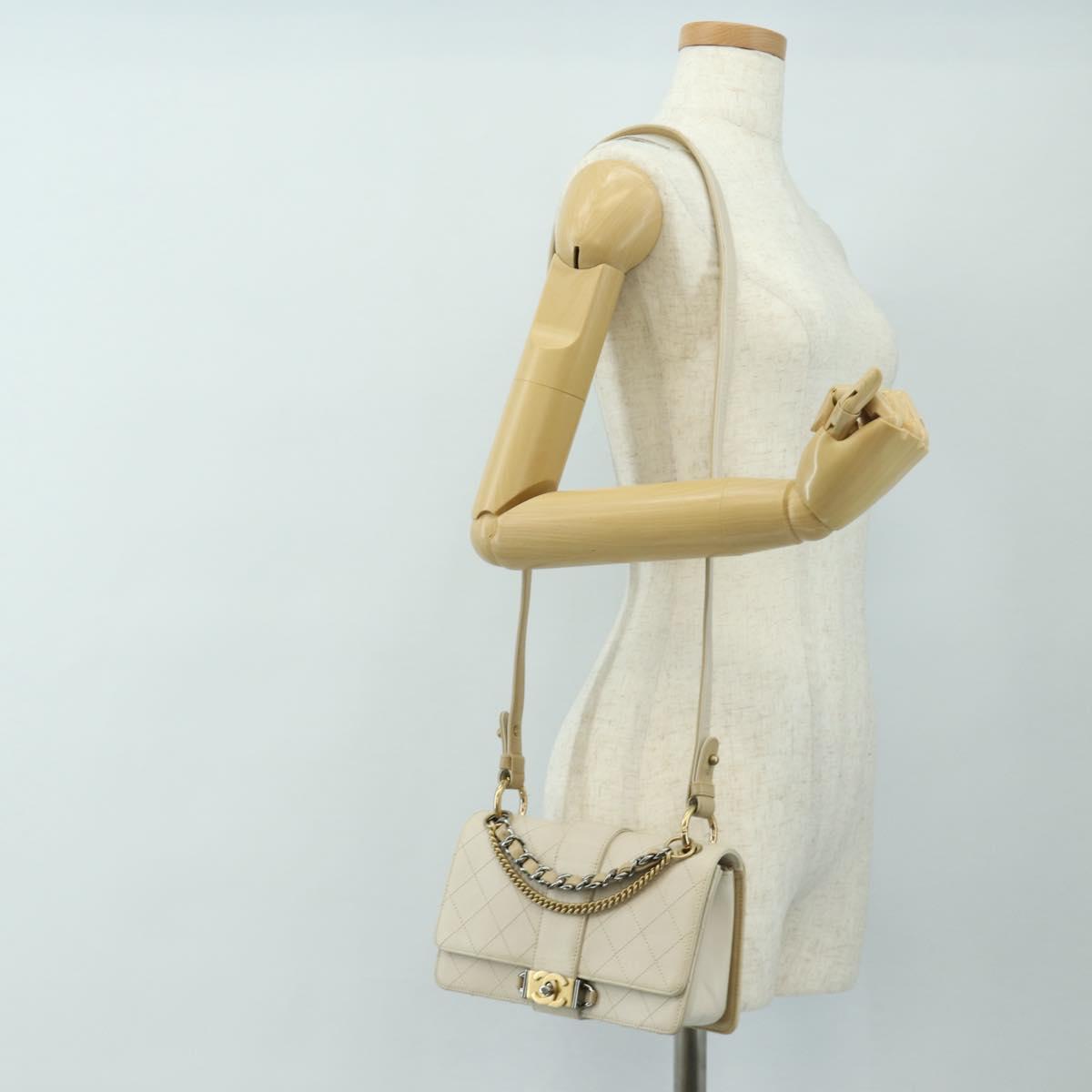 CHANEL Matelasse Shoulder Bag Leather 2way Ivory Gold Silver CC Auth 189588SAV