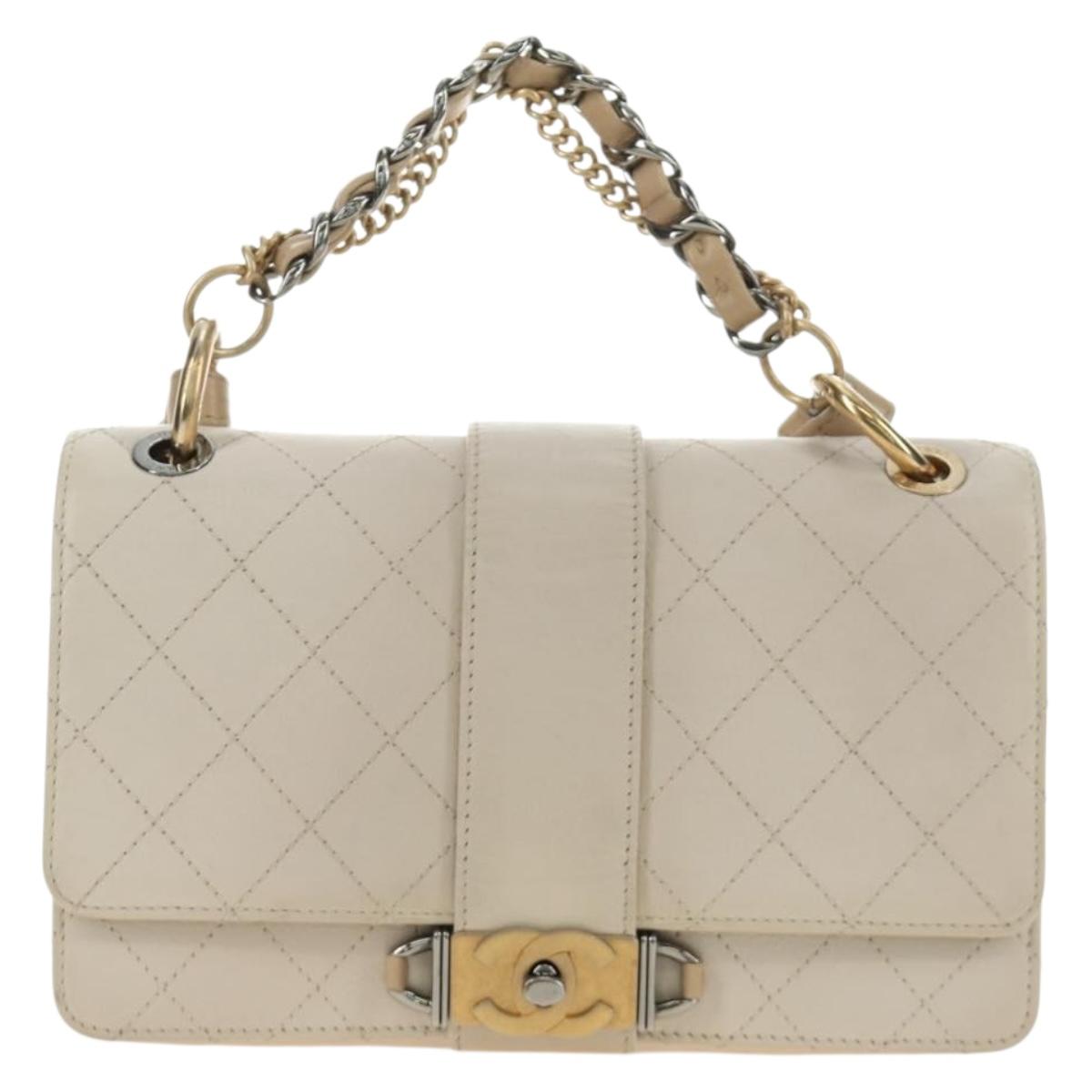 CHANEL Matelasse Shoulder Bag Leather 2way Ivory Gold Silver CC Auth 189588SAV