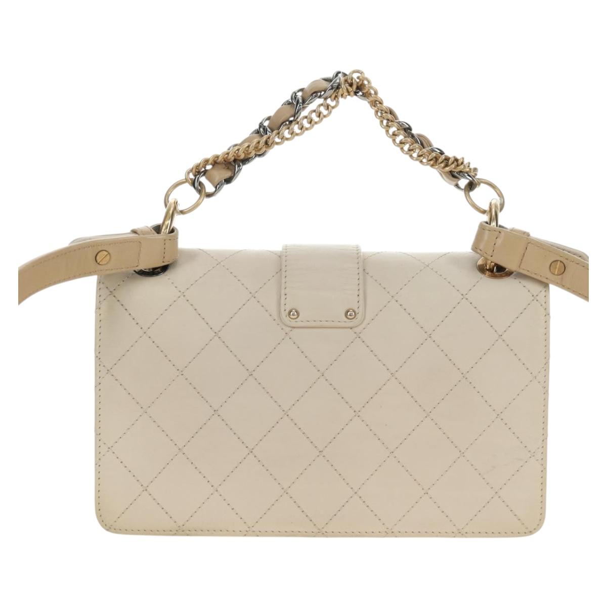 CHANEL Matelasse Shoulder Bag Leather 2way Ivory Gold Silver CC Auth 189588SAV