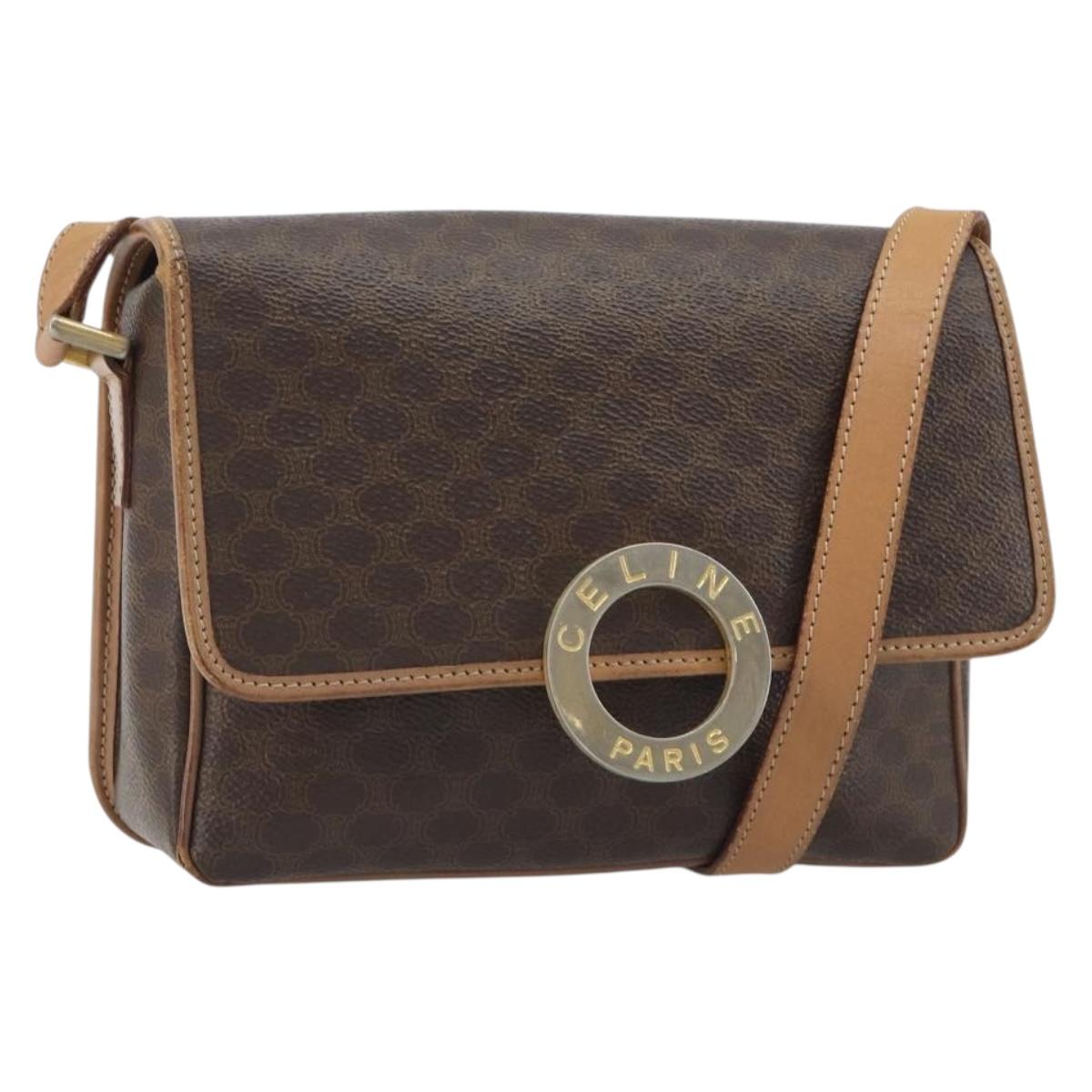 CELINE Macadam Canvas Circle Shoulder Bag PVC Leather Brown Gold Auth 189595