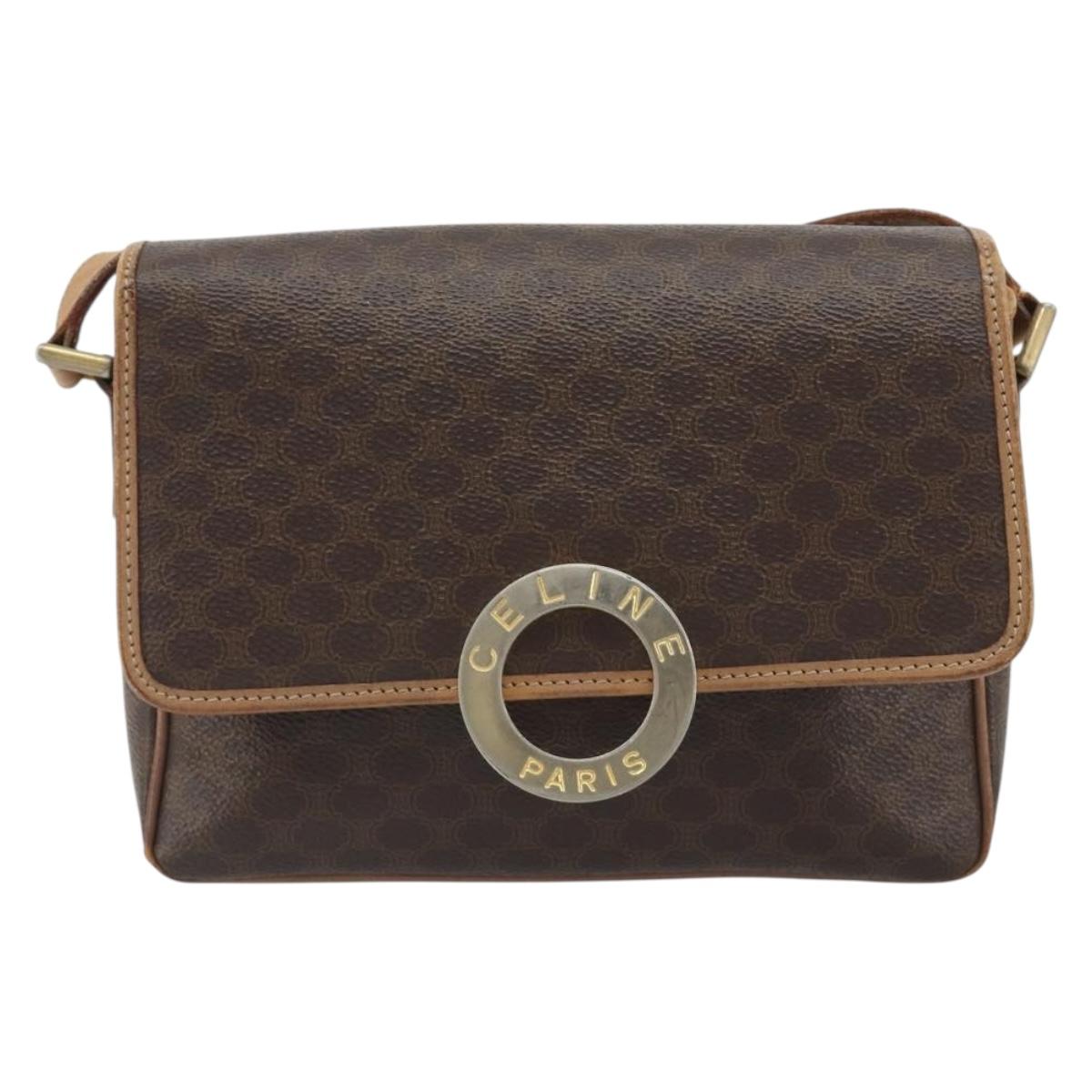 CELINE Macadam Canvas Circle Shoulder Bag PVC Leather Brown Gold Auth 189595