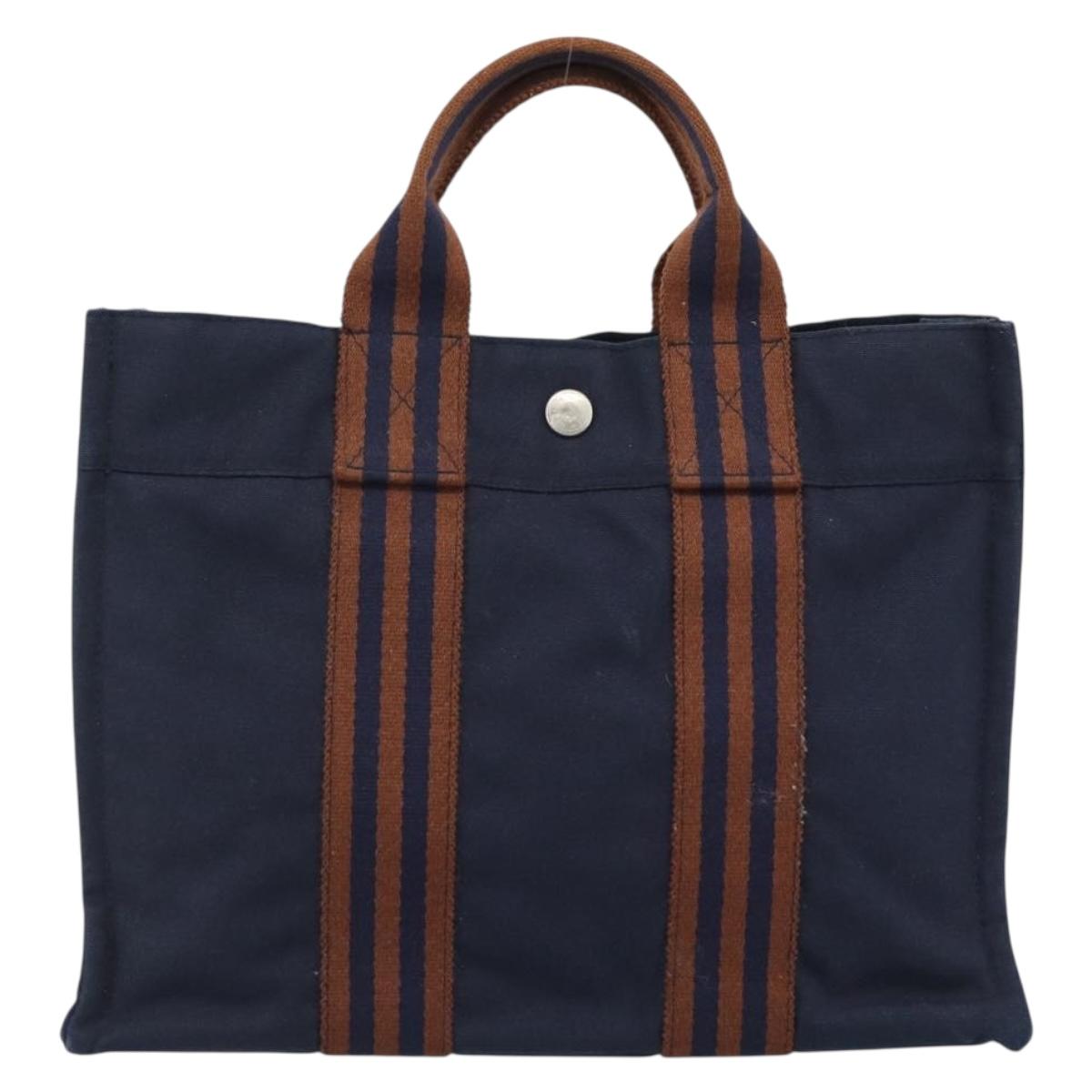 HERMES New Fourre Tout PM Hand Bag Canvas Navy Silver Auth 189604