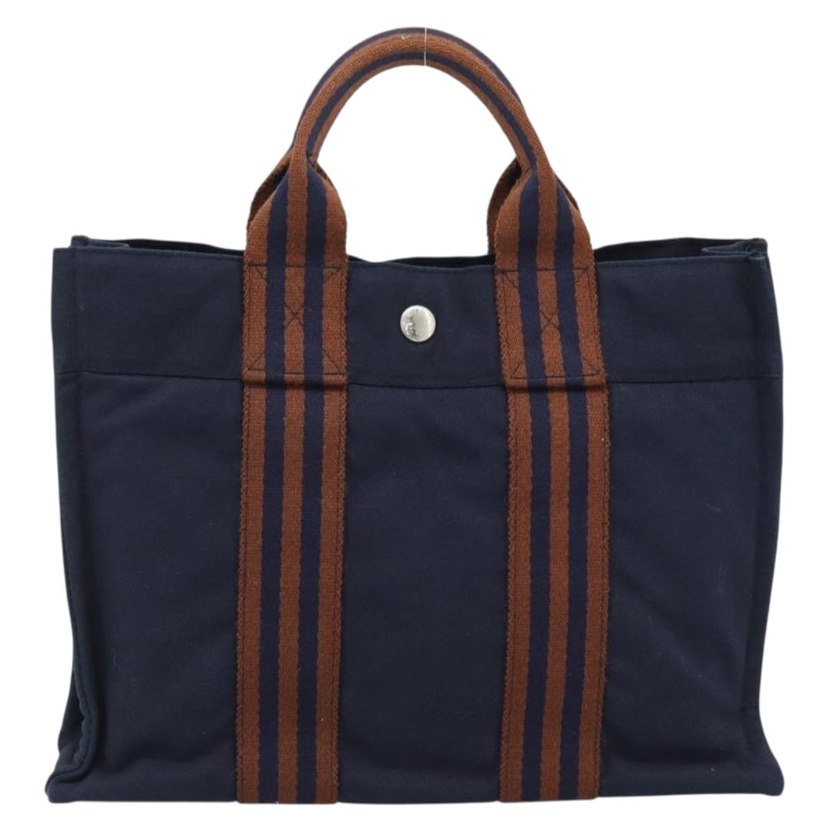HERMES New Fourre Tout PM Hand Bag Canvas Navy Silver Auth 189604