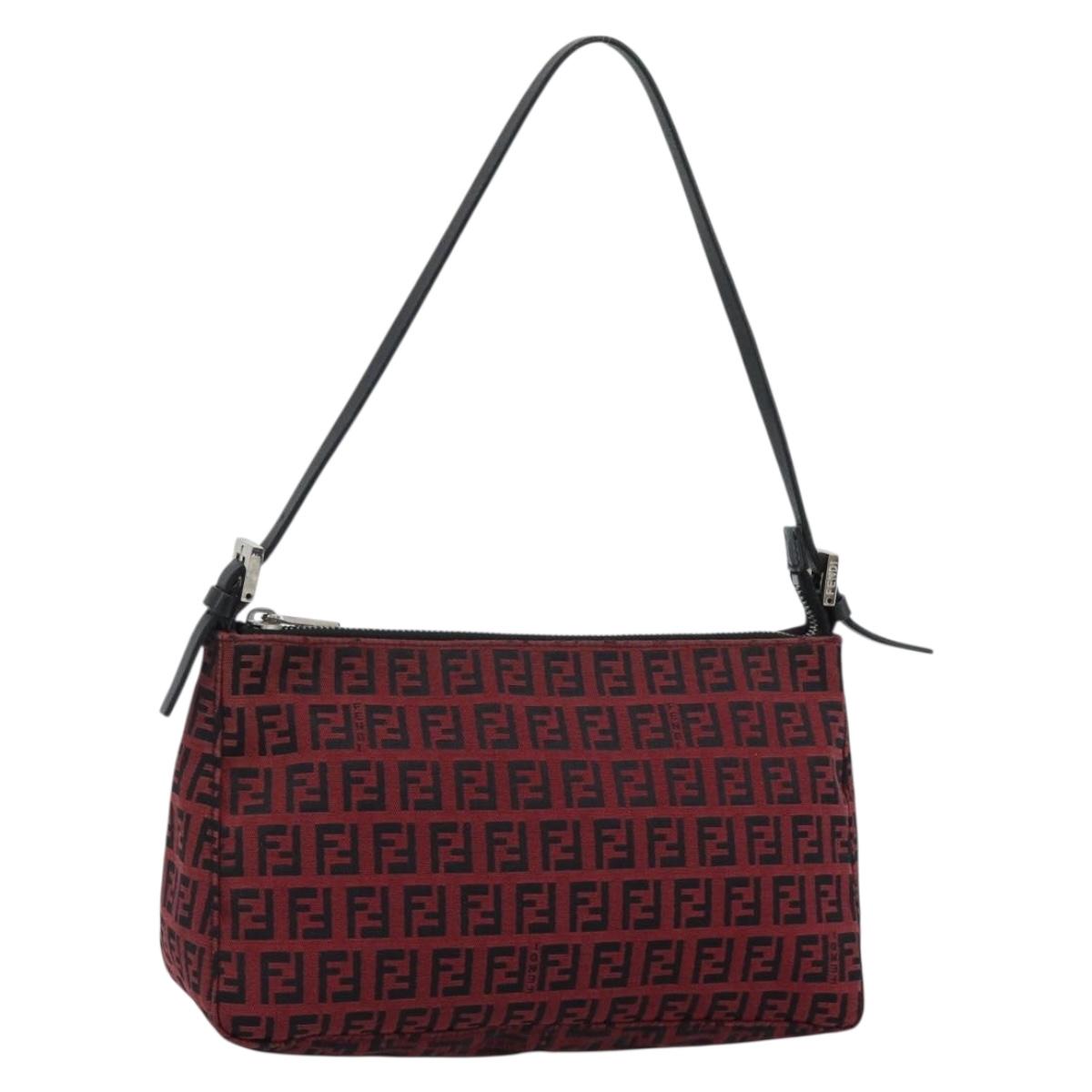 FENDI Zucchino Canvas Shoulder Bag Red Silver Auth 189614