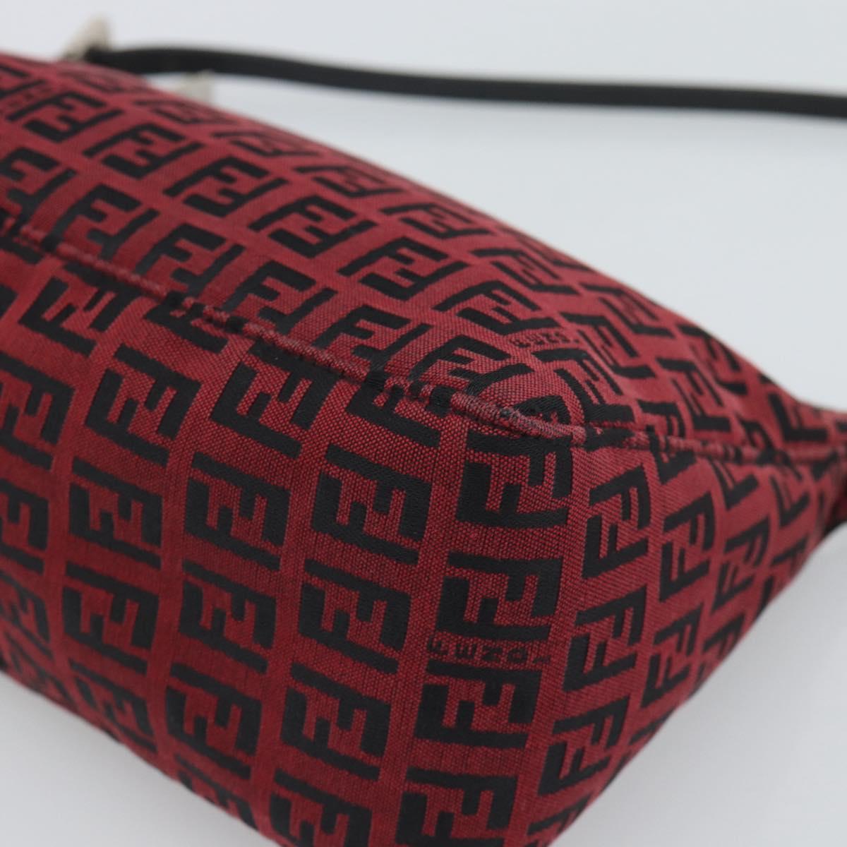 FENDI Zucchino Canvas Shoulder Bag Red Silver Auth 189614