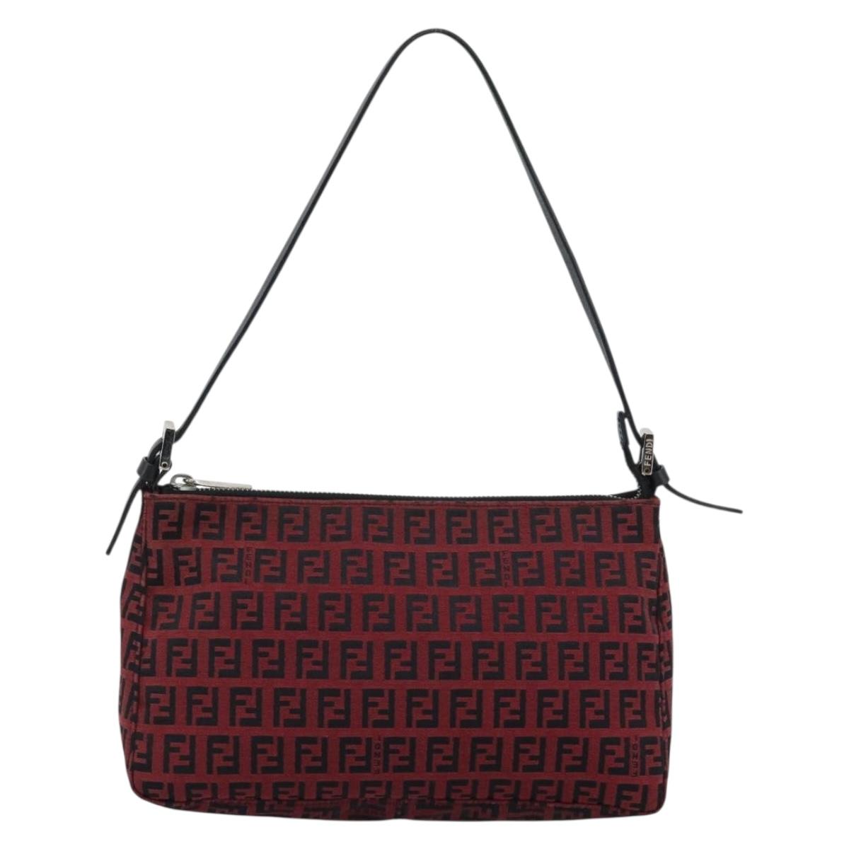 FENDI Zucchino Canvas Shoulder Bag Red Silver Auth 189614