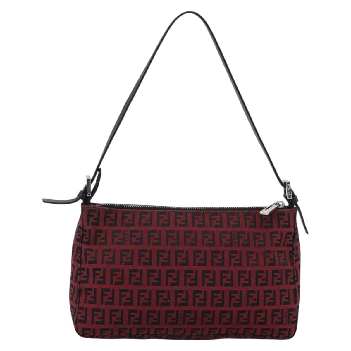 FENDI Zucchino Canvas Shoulder Bag Red Silver Auth 189614