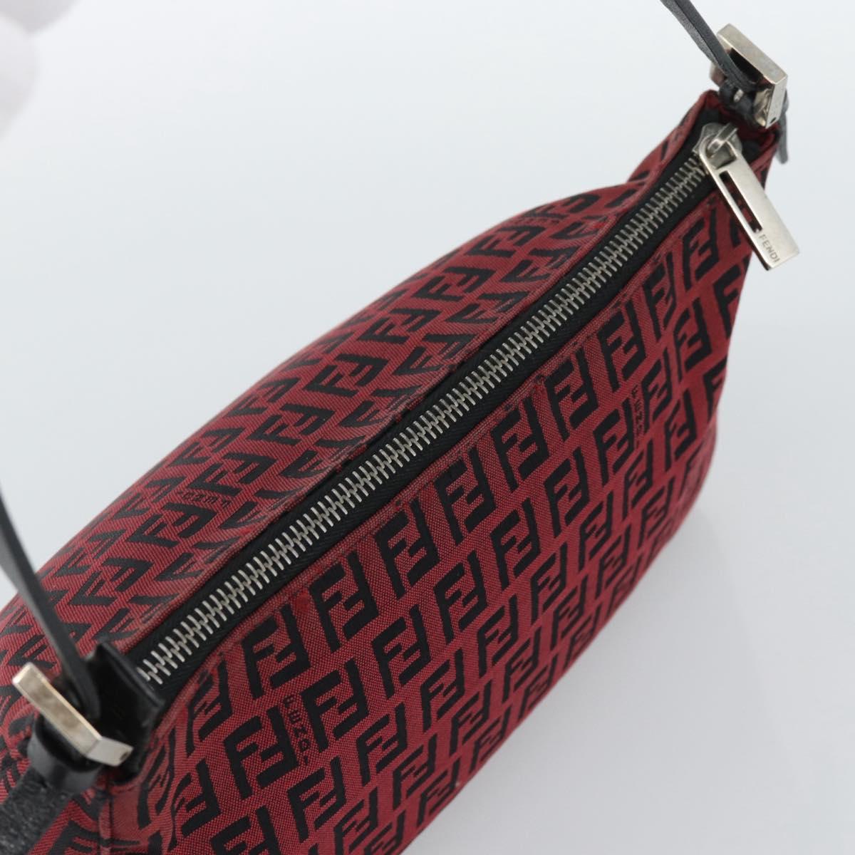 FENDI Zucchino Canvas Shoulder Bag Red Silver Auth 189614
