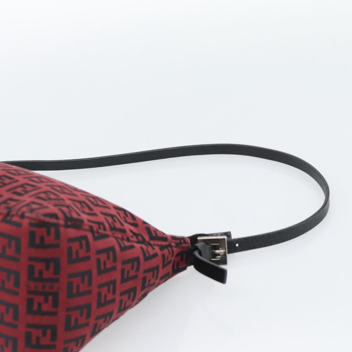 FENDI Zucchino Canvas Shoulder Bag Red Silver Auth 189614