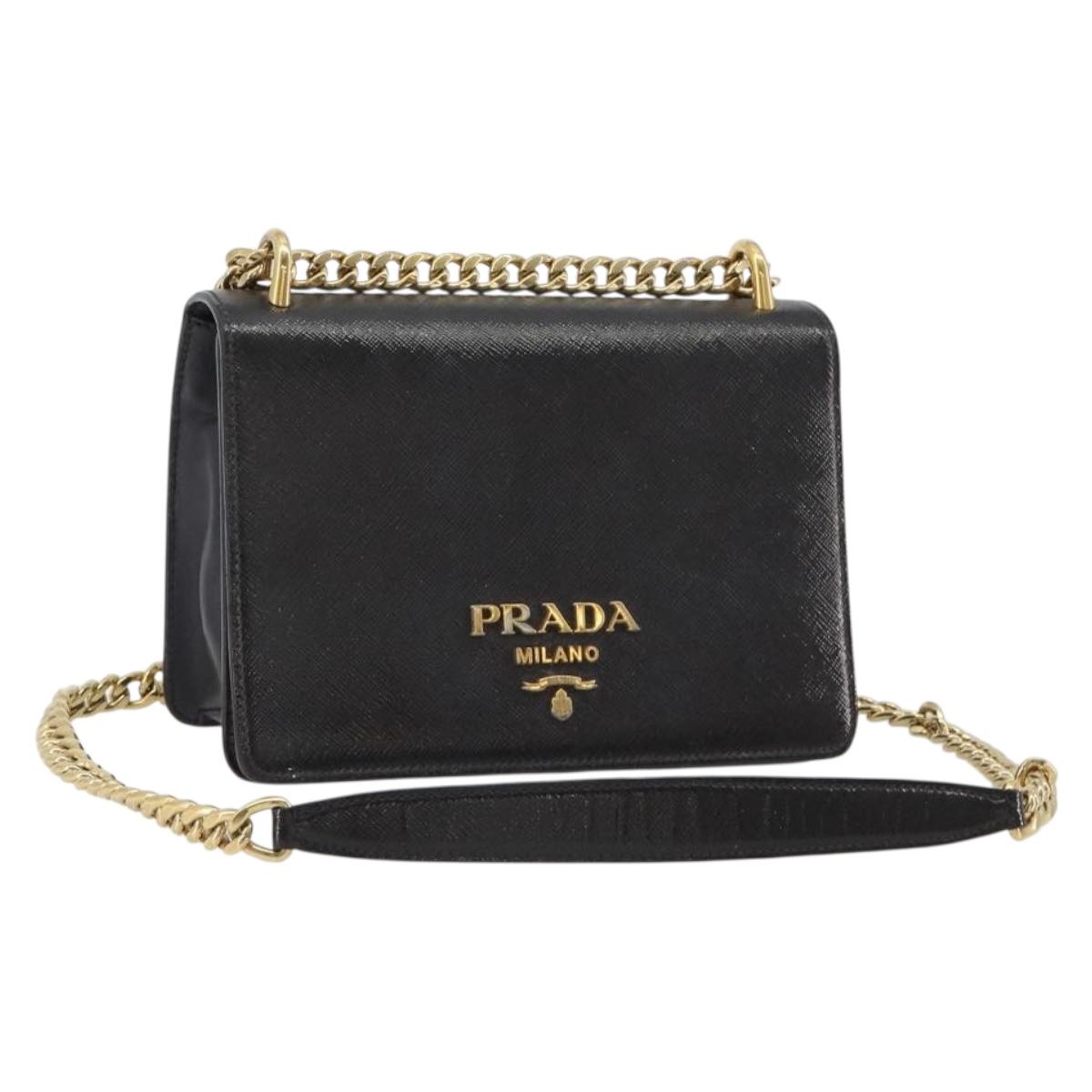 PRADA Chain Shoulder Bag Saffiano Leather Black Gold Auth 189622A