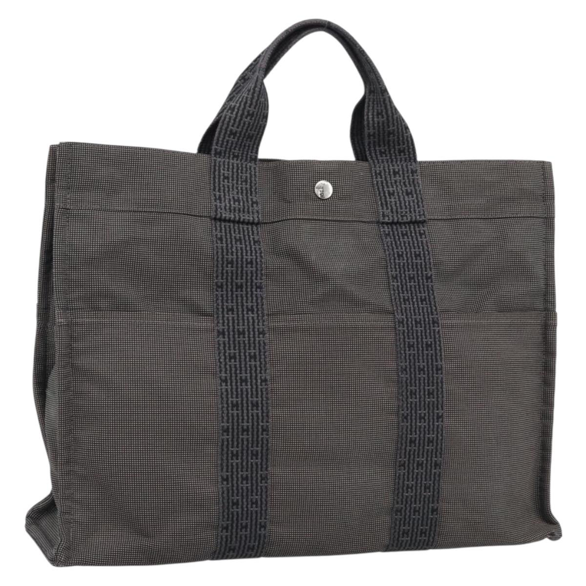 HERMES Her Line MM Hand Bag Canvas Gray Silver Auth 189625