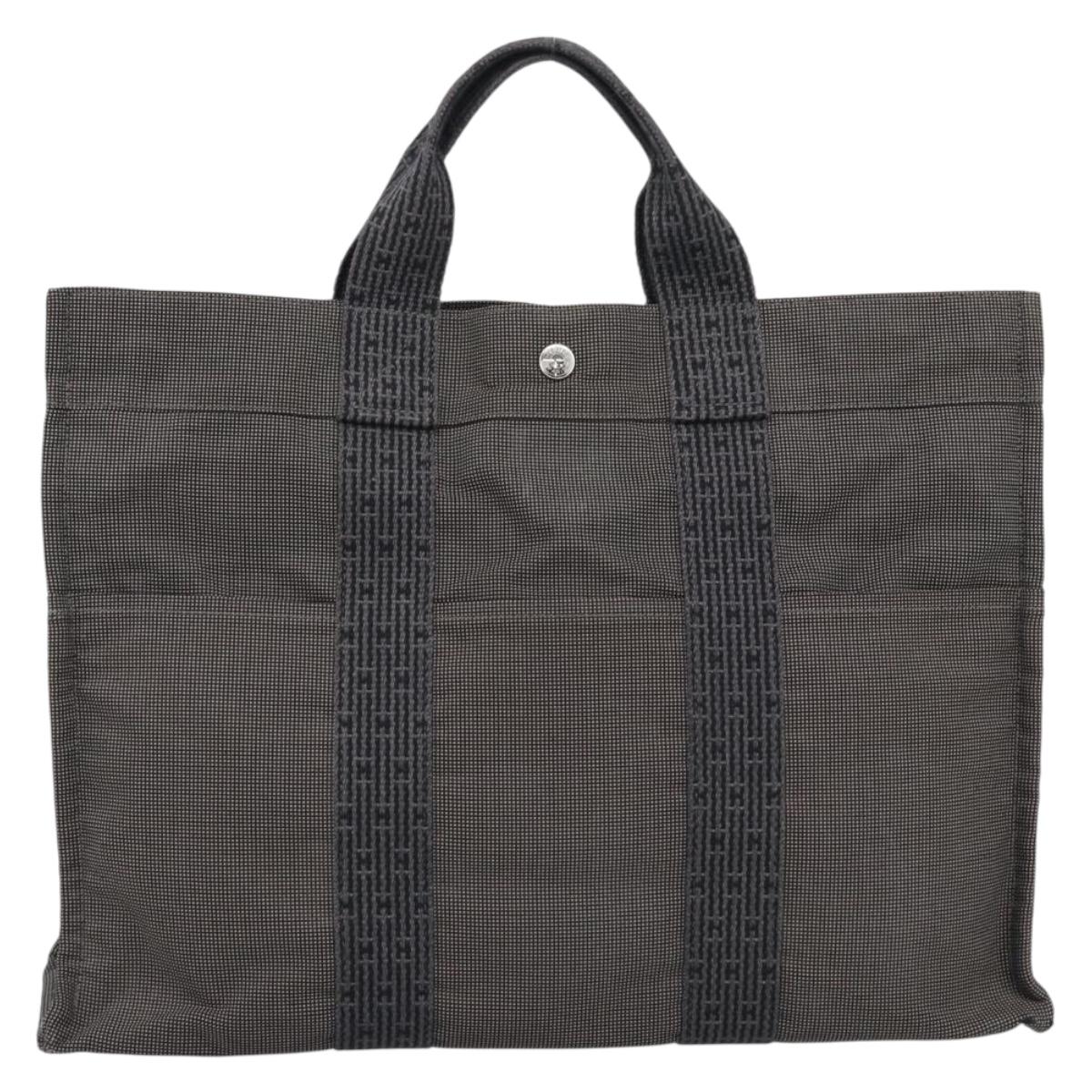 HERMES Her Line MM Hand Bag Canvas Gray Silver Auth 189625