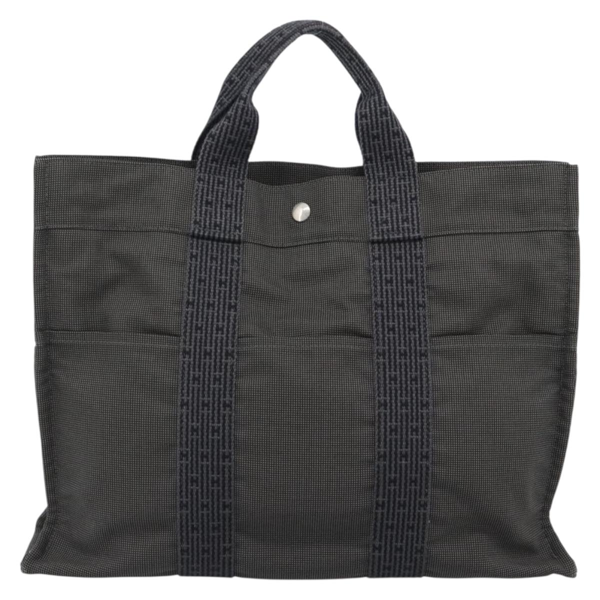 HERMES Her Line MM Hand Bag Canvas Gray Silver Auth 189626