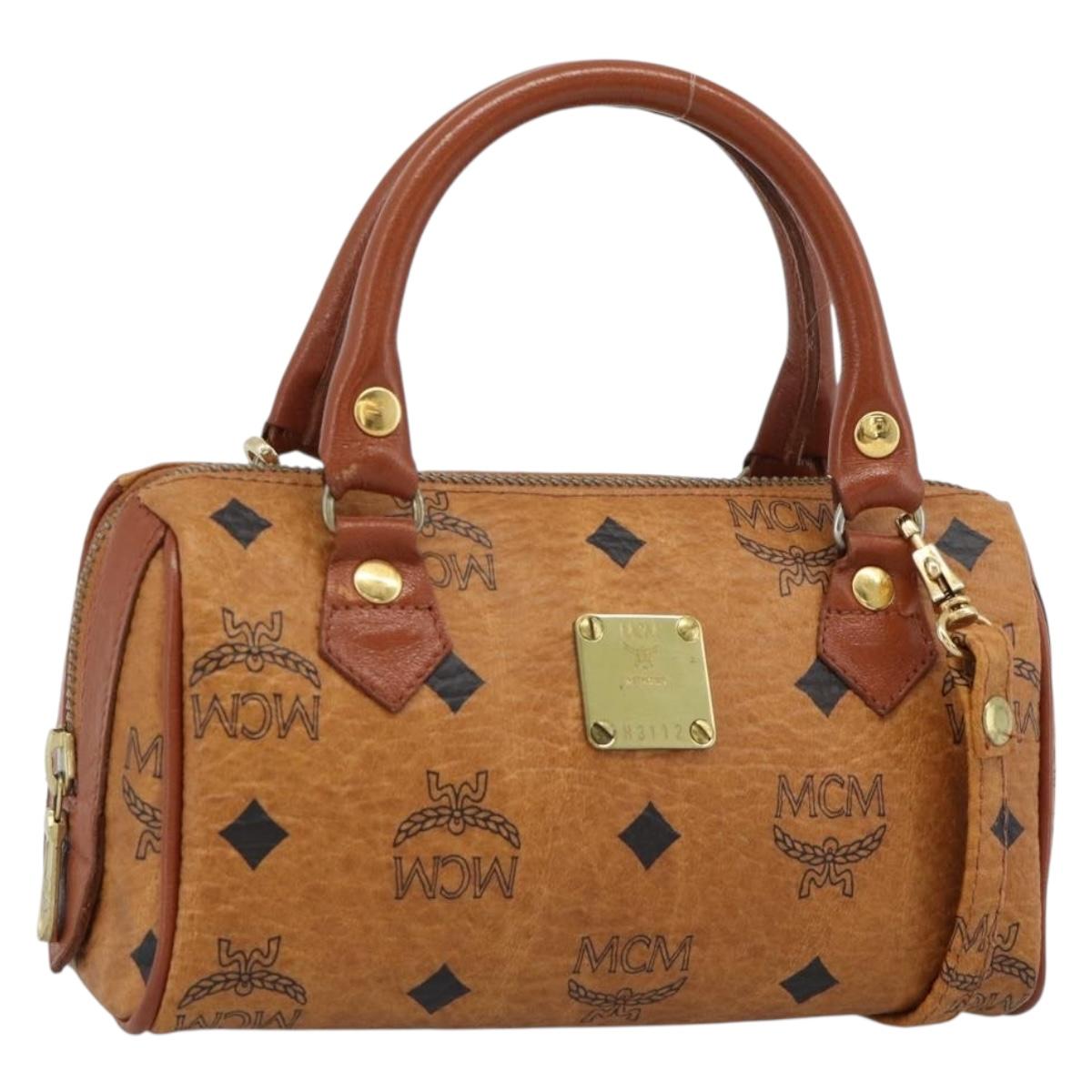 MCM Vicetos Logogram Mini Boston Bag PVC Leather 2way Brown Gold Auth 189635