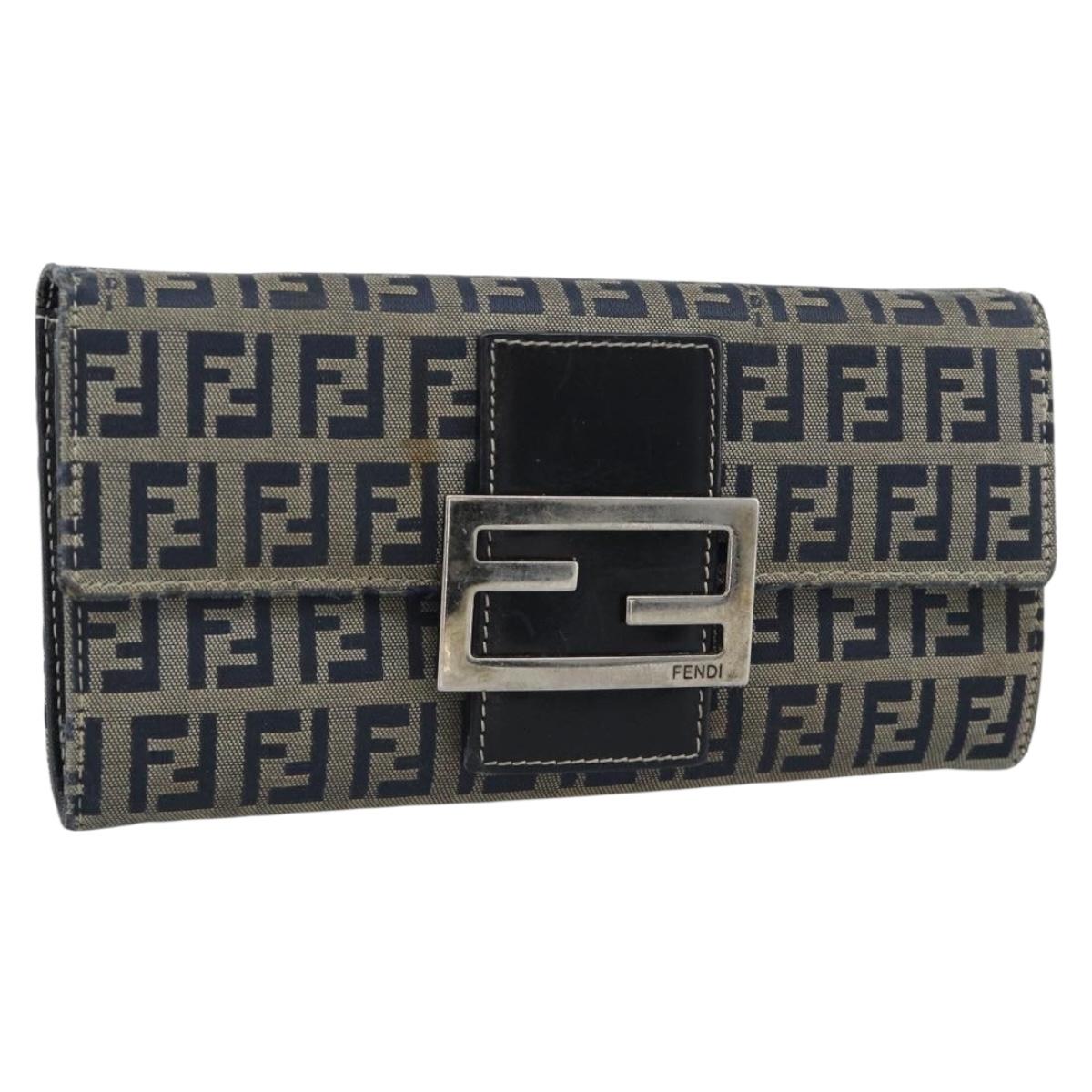 FENDI Zucchino Canvas Mamma Baguette Long Wallet Navy Silver Auth 189643