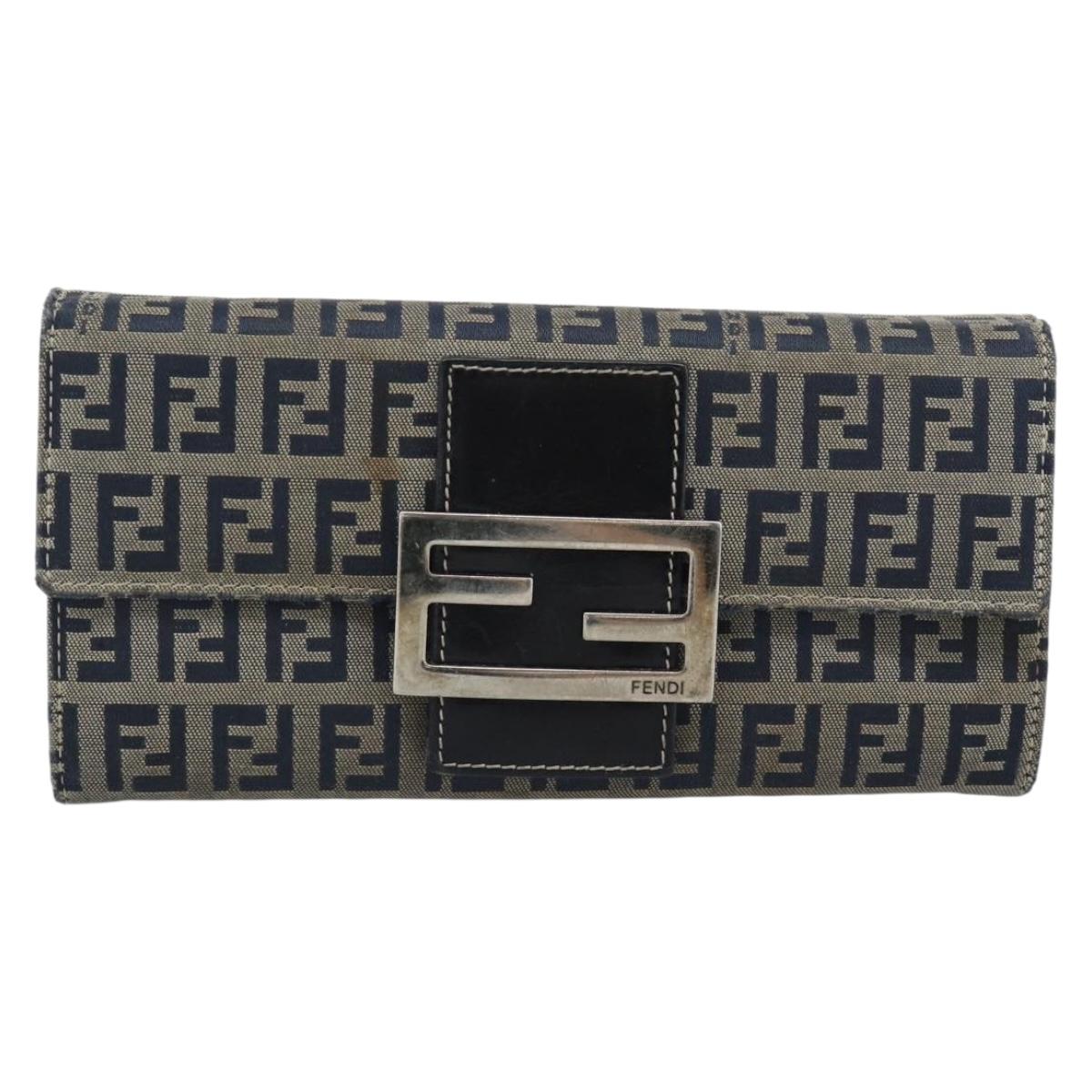 FENDI Zucchino Canvas Mamma Baguette Long Wallet Navy Silver Auth 189643