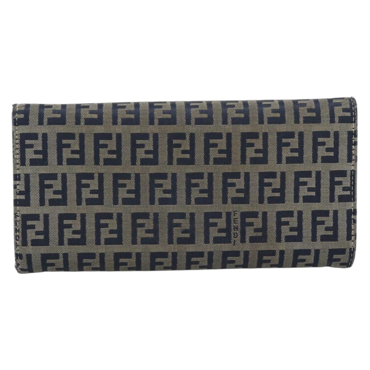 FENDI Zucchino Canvas Mamma Baguette Long Wallet Navy Silver Auth 189643