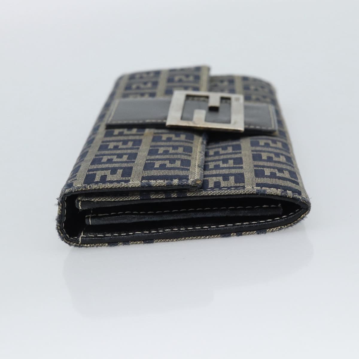 FENDI Zucchino Canvas Mamma Baguette Long Wallet Navy Silver Auth 189643