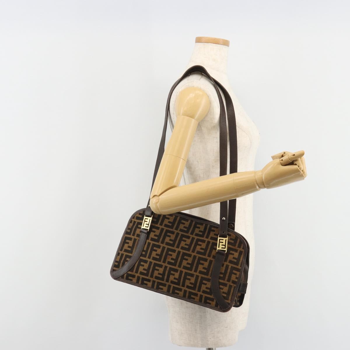 FENDI Zucca Canvas Shoulder Bag Brown Black Auth 189662