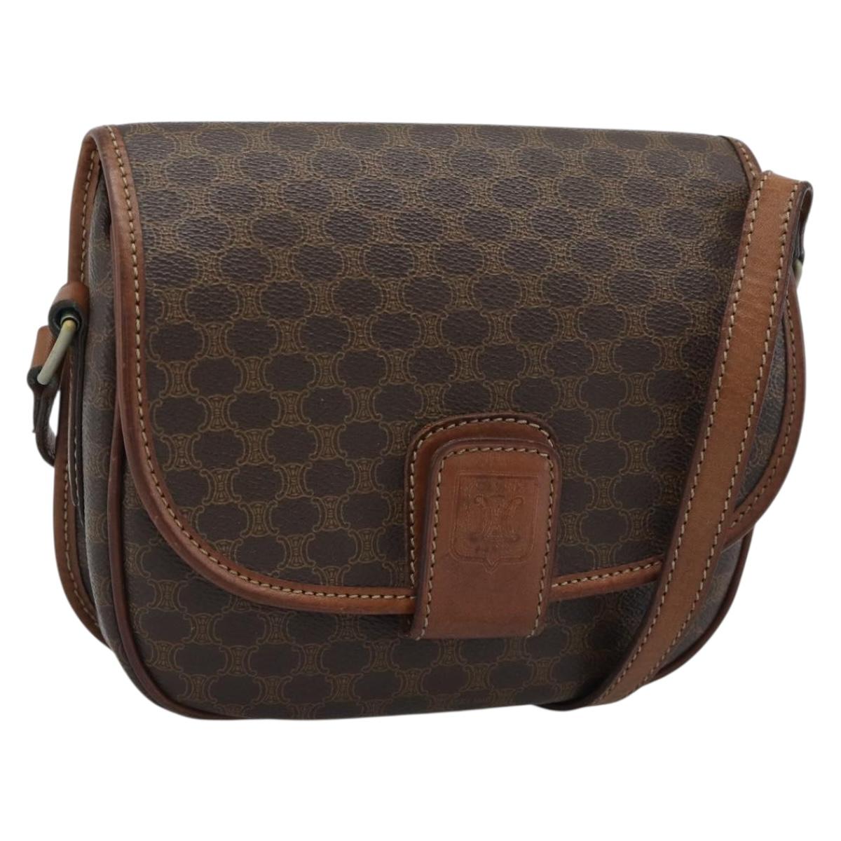 CELINE Macadam Canvas Shoulder Bag PVC Leather Brown Gold Auth 189670